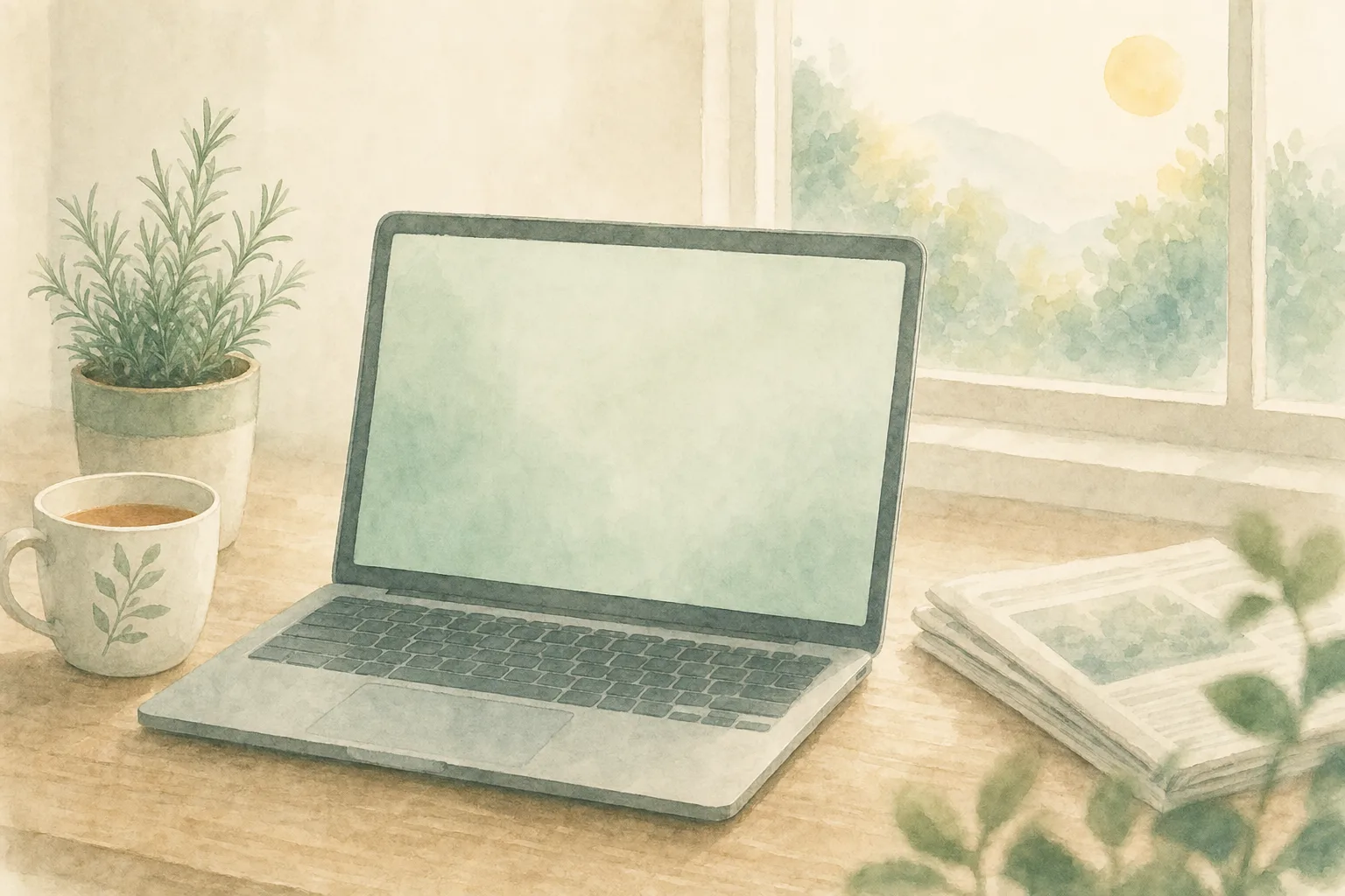 A laptop open on a kitchen table by a window, with Orbit on screen